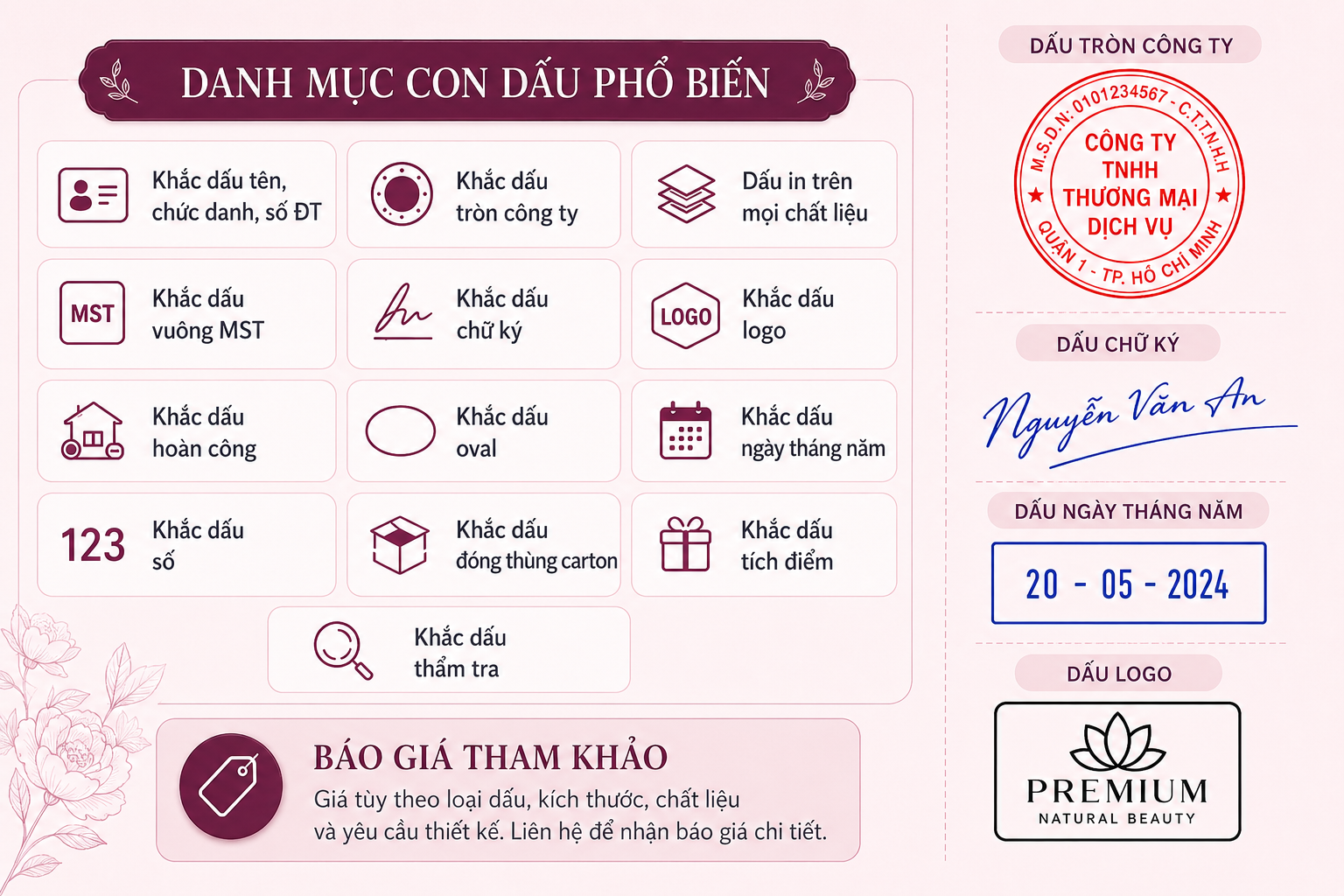 Danh mục con dấu phổ biến v&agrave; b&aacute;o gi&aacute; tham khảo